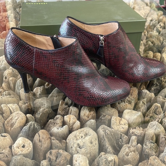 Longchamp python-embosed leather stiletto bootie in Bordeaux - Picture 2 of 8